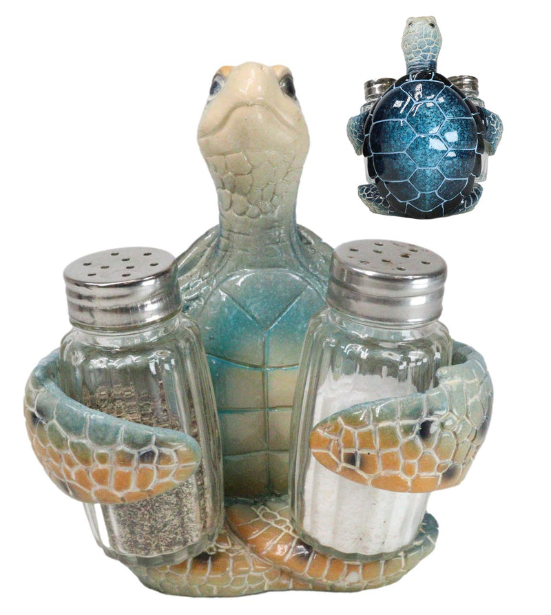 Nautical Marine Blue Giant Sea Turtle Hugging Salt And Pepper Shakers Holder Set