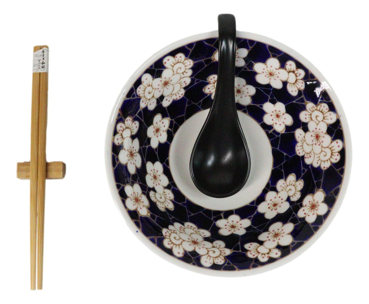 White Ume Plum Flowers Ceramic Ramen Bowl Soup Spoon Chopsticks And Rest Set