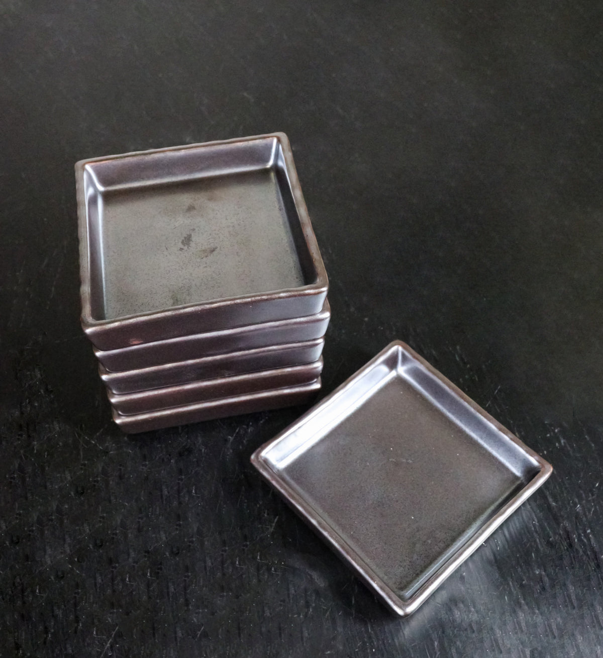 Set Of 6 Black Iron Clay Tetsu Kesho Ceramic Square Condiment Sauce Dishes 2oz