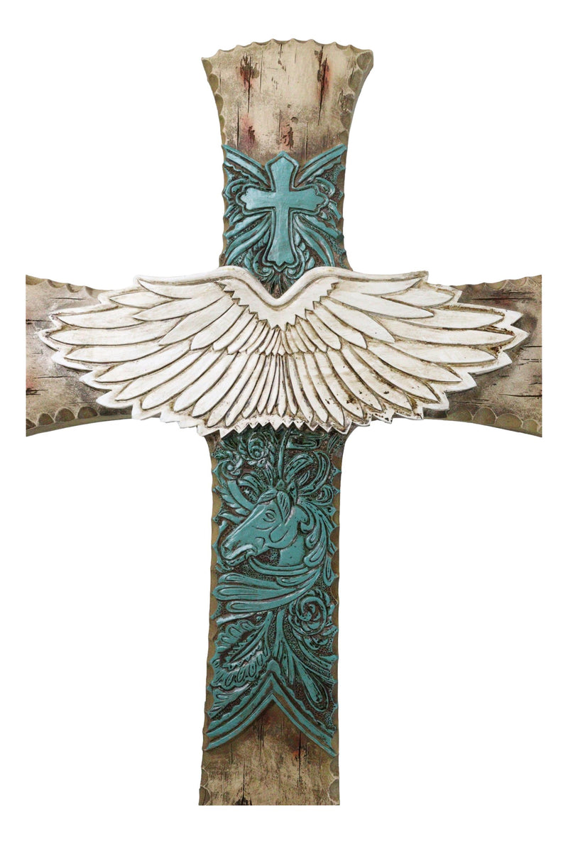 Rustic Western Angel Wings Turquoise Horse And Floral Tooled Leather Wall Cross