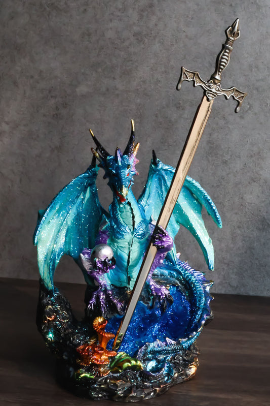 Blue Frozen Arctic Dragon Holding Pearl and Gothic Sword Letter Opener Figurine