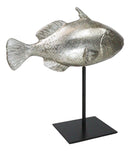 Nautical Marine Silver Tone Clown Triggerfish Fish Sculpture On Metal Pole Stand
