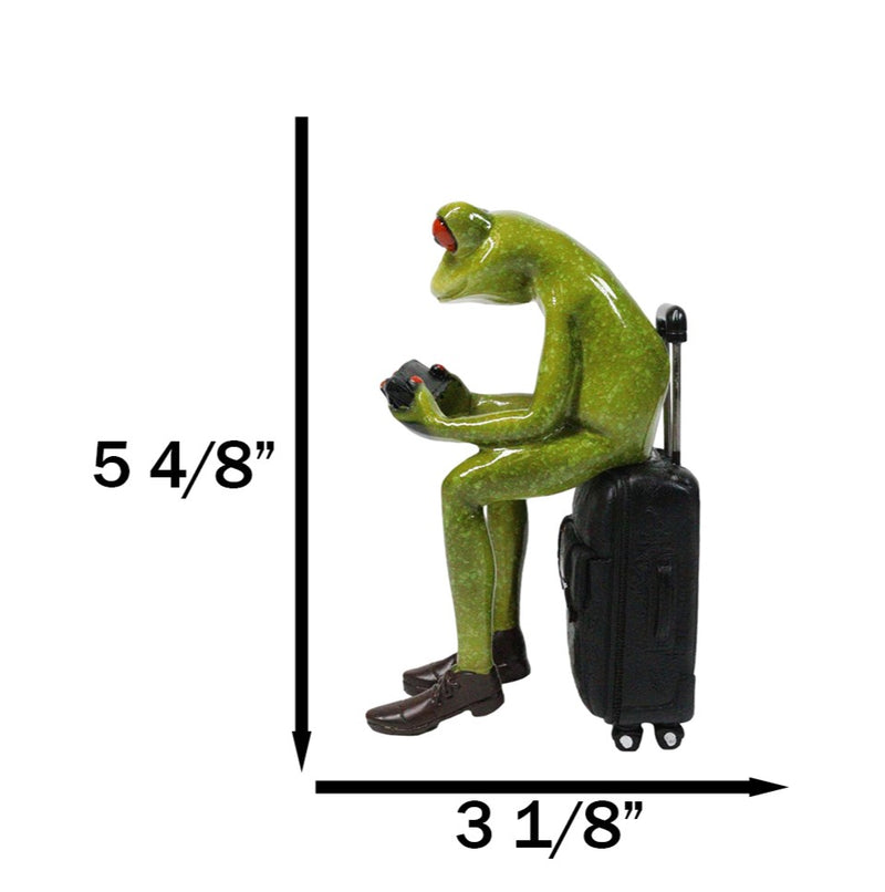 World Traveler Green Frog With Slack Shoes Sitting On Suit Case Luggage Figurine