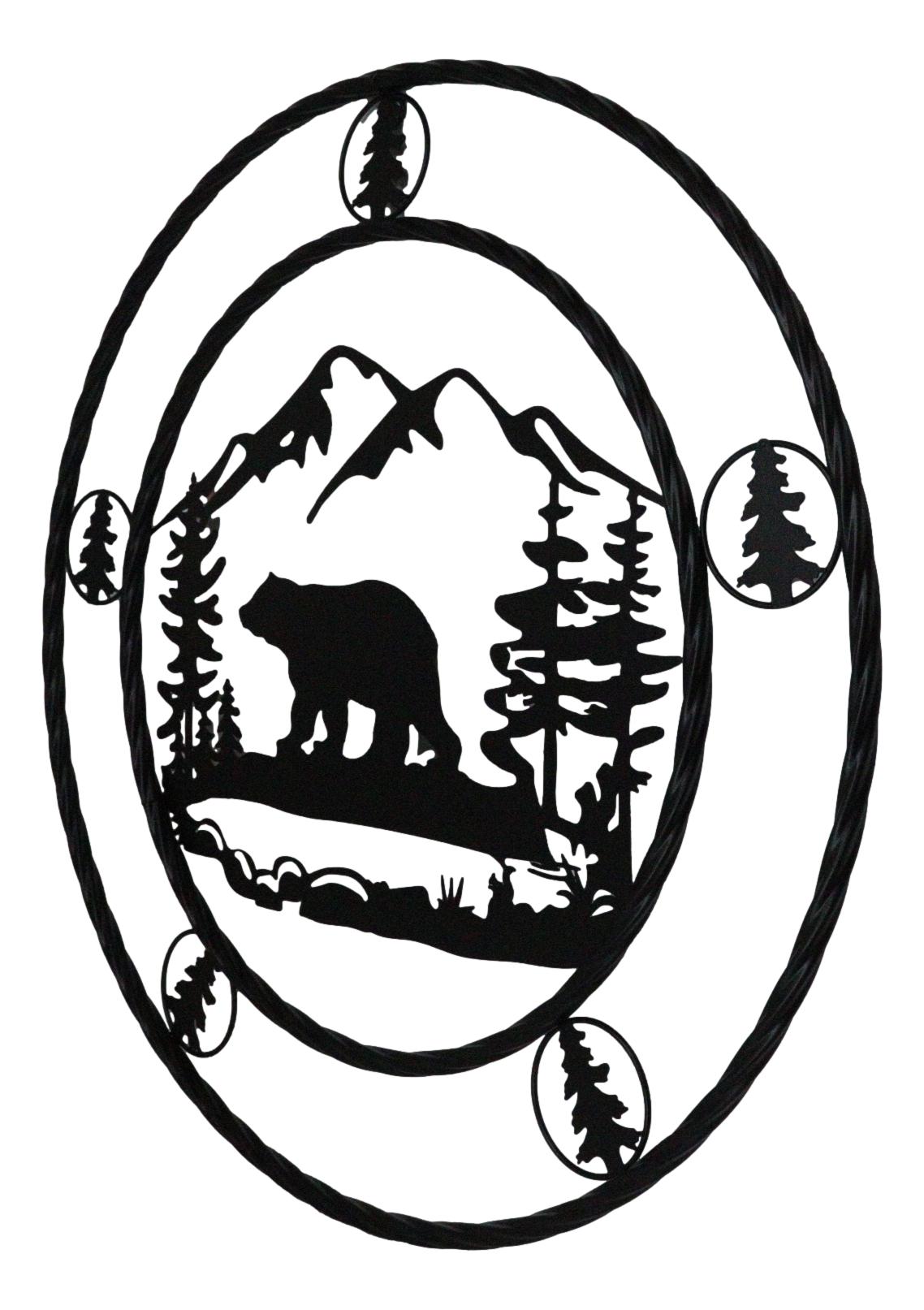 24"Dia Rustic Western Black Bear By Mountains Pine Forest Metal Wall Circle Sign - Ebros Gift
