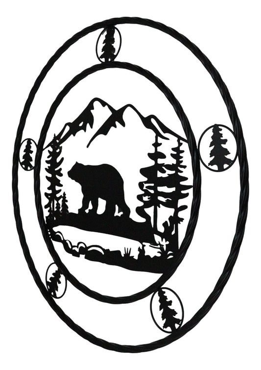 24"Dia Rustic Western Black Bear By Mountains Pine Forest Metal Wall Circle Sign - Ebros Gift