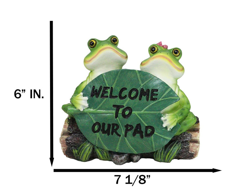 Welcome To Our Pad Green Frog Couple Sitting On Log With Lilypad Sign Figurine