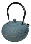 Round Teal Blue Seigaiha Waves Large Cast Iron Tetsubin Teapot 40oz Tea Pot