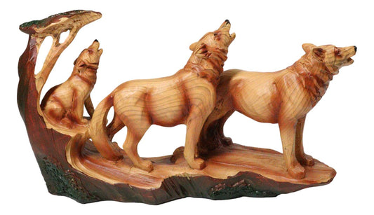 Three Howling Wolves Family Faux Wood Sculpture, Rustic Woodland Wolf Pack Decor