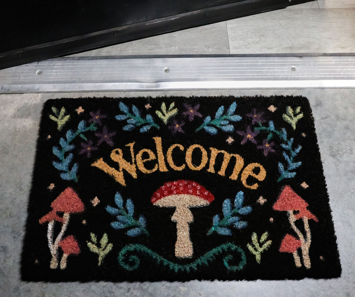 Welcome Mushrooms and Herbs Botanica Black Coir Coconut Fiber Floor Mat Doormat - Ebros Gift