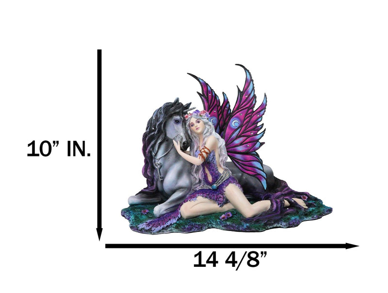 Purple Tribal Fairy Sitting With Midnight Key Lock Dark Unicorn Figurine 14.5"L