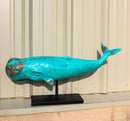 Abstract Art Blue Sperm Whale Fish Faux Distressed Wood Sculpture On Stand 30"L