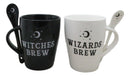 Set Of 2 Wicca Moons Black Witches And White Wizards Brew Cup Mugs And Spoons