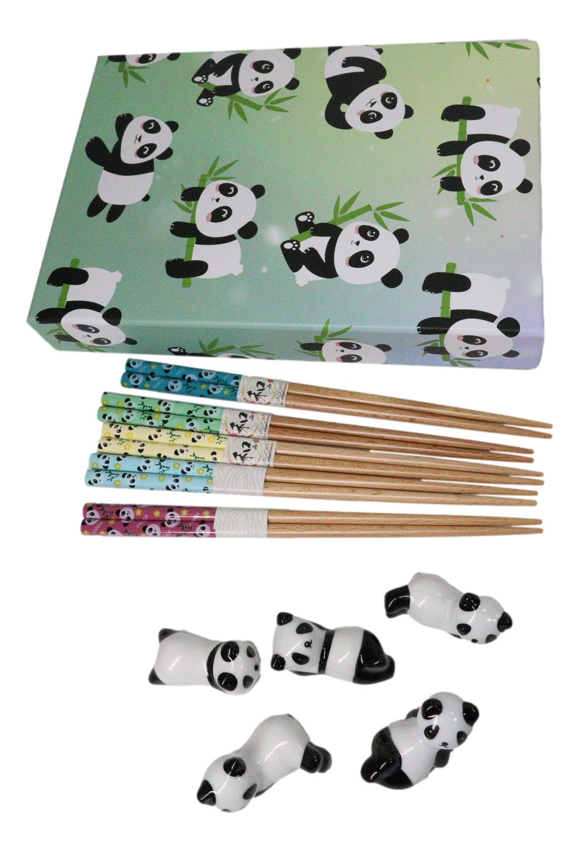 5 Pairs Of Playful Oriental Panda Bears Ceramic Rests With Wooden Chopsticks Set