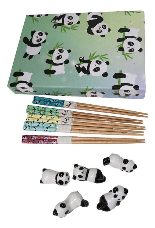 5 Pairs Of Playful Oriental Panda Bears Ceramic Rests With Wooden Chopsticks Set