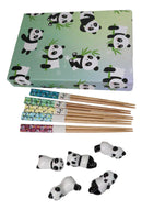 5 Pairs Of Playful Oriental Panda Bears Ceramic Rests With Wooden Chopsticks Set