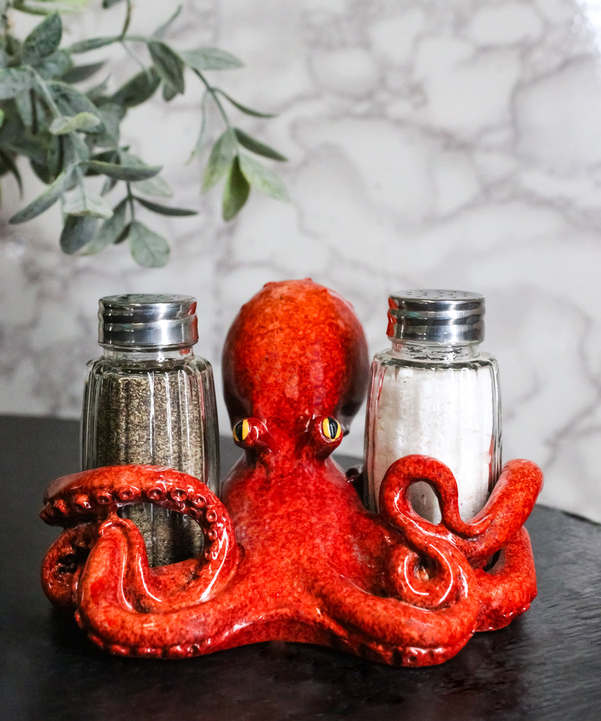 Red Spotted Nautical Marine Cephalopod Octopus Salt Pepper Shakers Holder Set