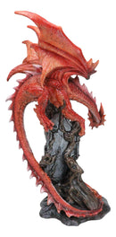 Wizard Fantasy Red Volcanic Dragon Perching On Rune Stone Tower Rock Figurine