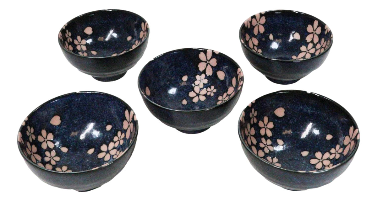 Pack Of 5 Blue Japanese Hasui Sakura Cherry Blossom Ceramic Large Rice Bowls