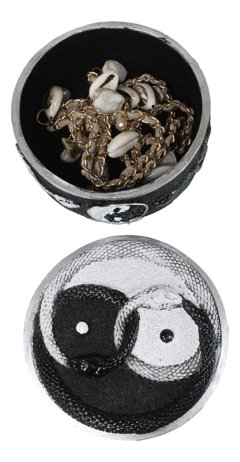 Spiritual Harmony Black And White Coiled Yin Yang Snake Small Trinket Box 4"D