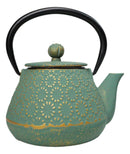 Green And Gold Chrysanthemum Textured Petite Cast Iron Teapot 10oz Tea Pot