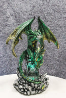 Metallic Green and Gold Rune Dragon Guarding Glass Prism Crystals Figurine 10"H