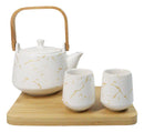 White Marble Vein Porcelain 22oz Teapot And 2 Tea Cups With Bamboo Tray Set
