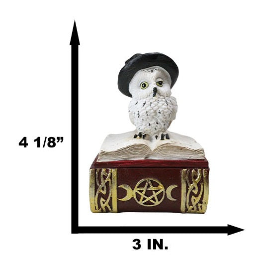 White Snow Owl With Witch Hat Sitting On Triple Moon Spell Book Trinket Box