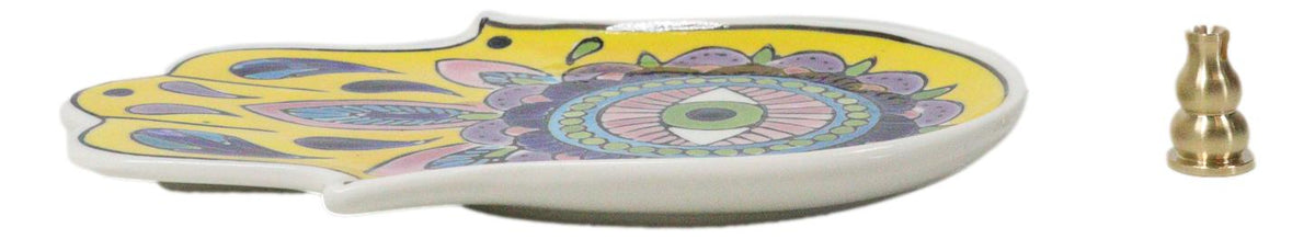 Yellow Chakra Hamsa Palm Mandala and Evil Eye Ceramic Dish Brass Incense Holder