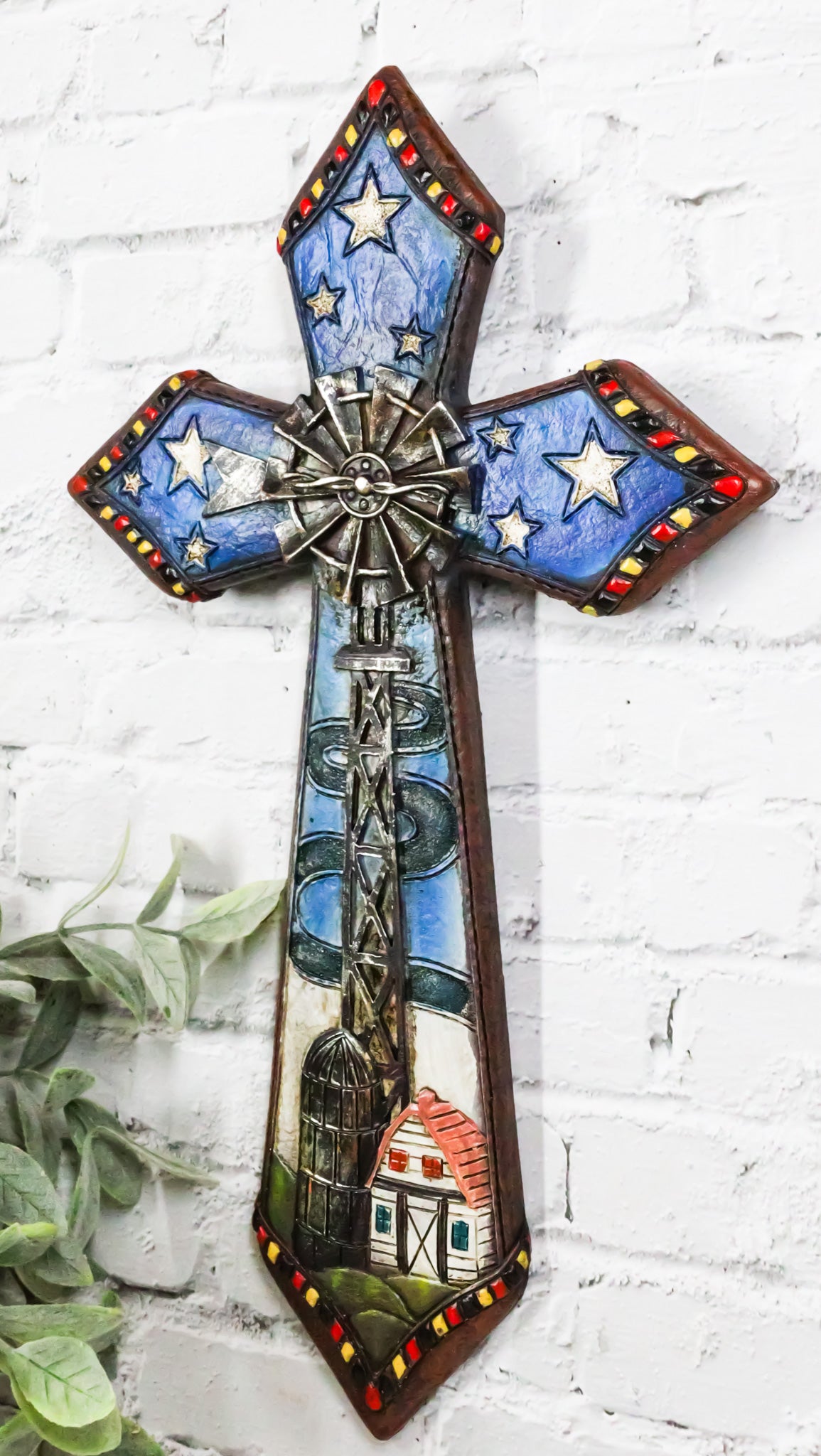 Rustic Country Windmill By Cottage Barn Home With Starry Night Skies Wall Cross