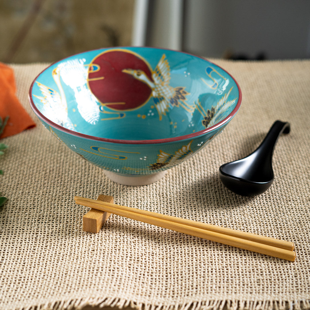 Red Moon Crane Ceramic Ramen Rice Bowl With Soup Spoon Chopsticks And Rest Set