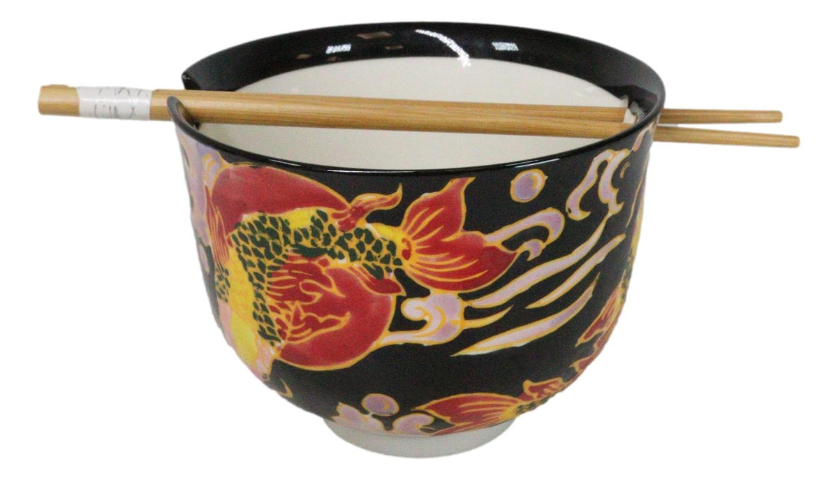 Black Oriental Koi Fishes Ceramic Donburi Ramen Soup Bowl With Chopsticks Set