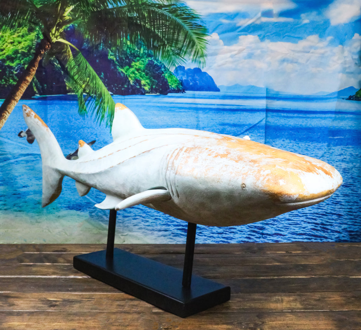 Large Nautical Marine Whale Shark Faux Wood Sculpture On Black Stand 37" Long