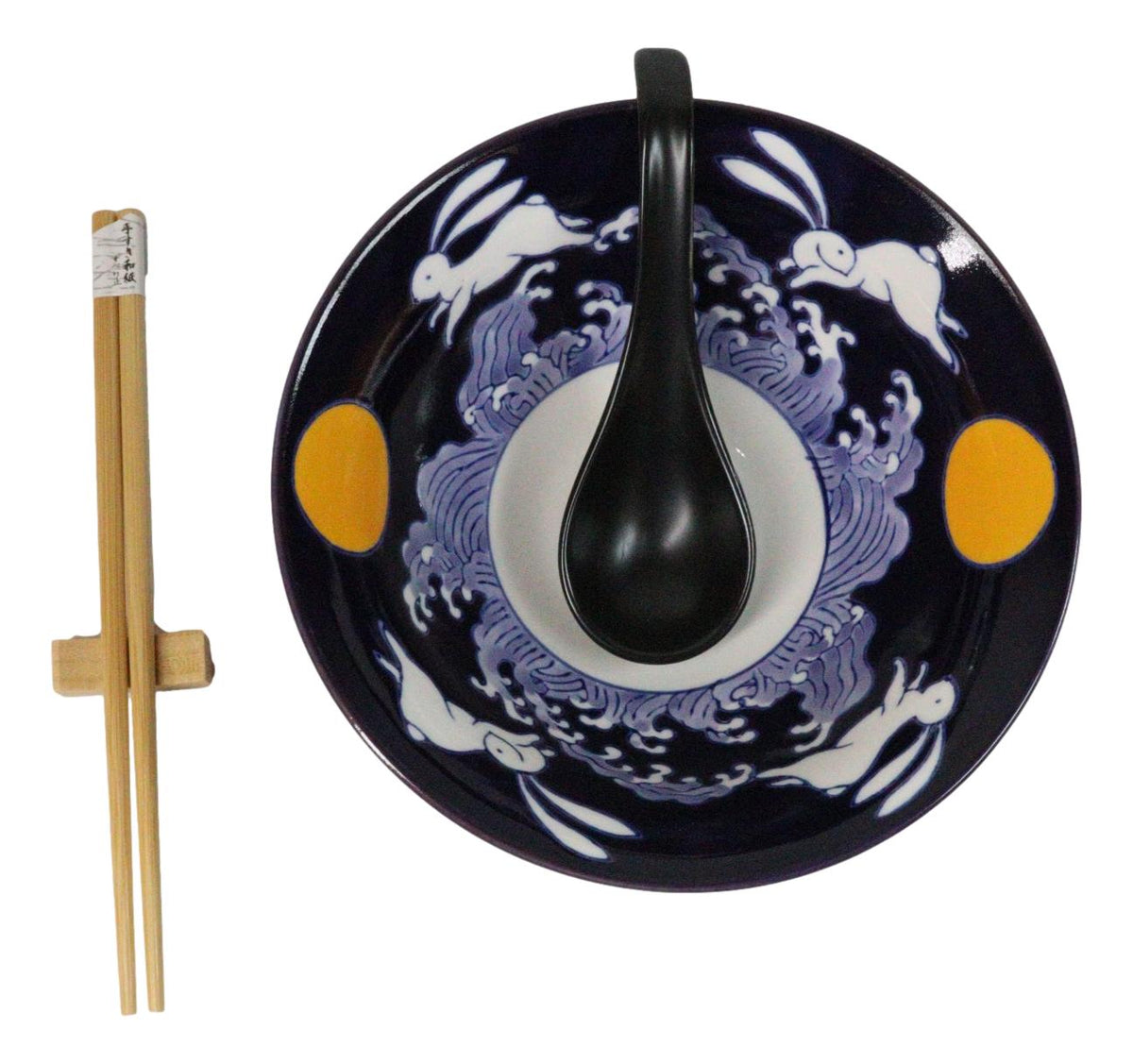 Blue Sky Moon Rabbit Ceramic Ramen Rice Bowl With Soup Spoon Chopsticks And Rest
