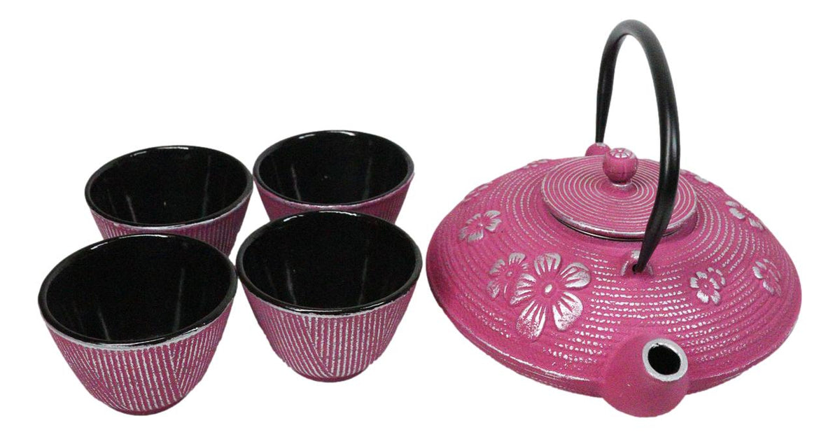 Magenta Ume Plum Floral Blossoms Tetsubin 27oz Cast Iron Tea Pot With 4 Cups Set