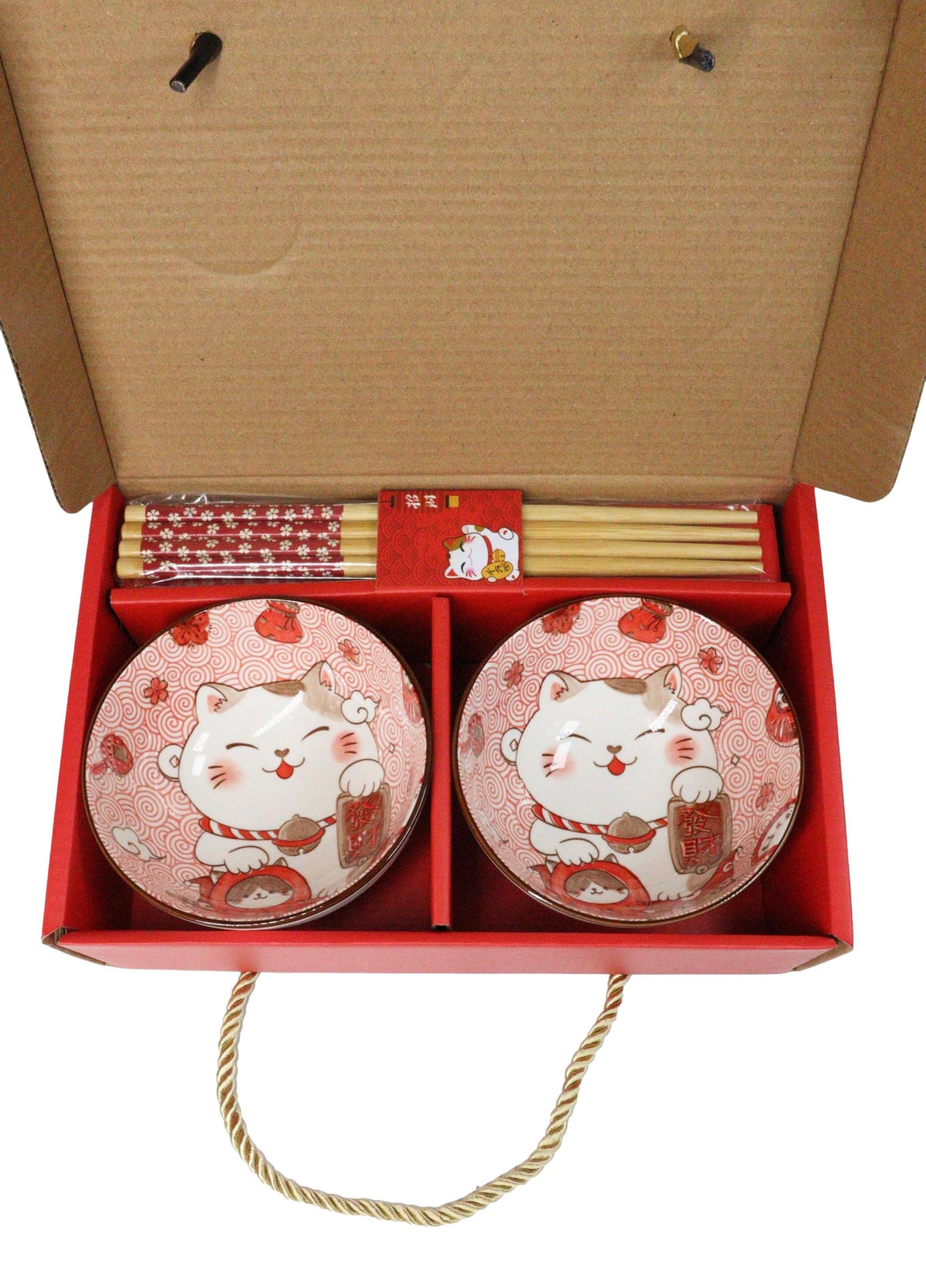 Set of 2 Lucky Cat Maneki Neko Red Ceramic 12oz Bowls With Bamboo Chopsticks