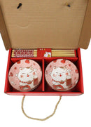 Set of 2 Lucky Cat Maneki Neko Red Ceramic 12oz Bowls With Bamboo Chopsticks