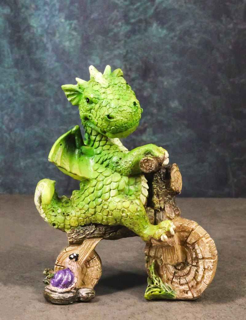 Fantasy Green Wyrmling Baby Dragon Riding A Wooden Log Cavebike Bicycle Figurine