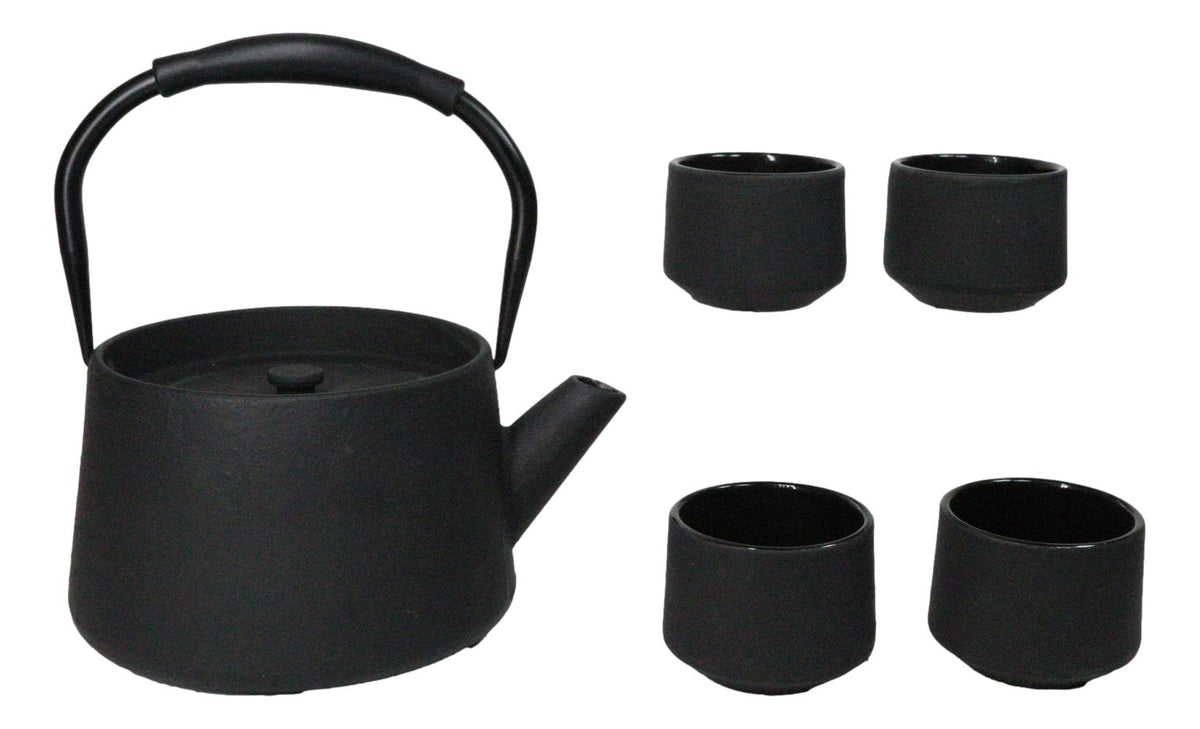 Black Modern Straight Edge Tetsubin Cast Iron Teapot 33oz And 4 Tea Cups Set
