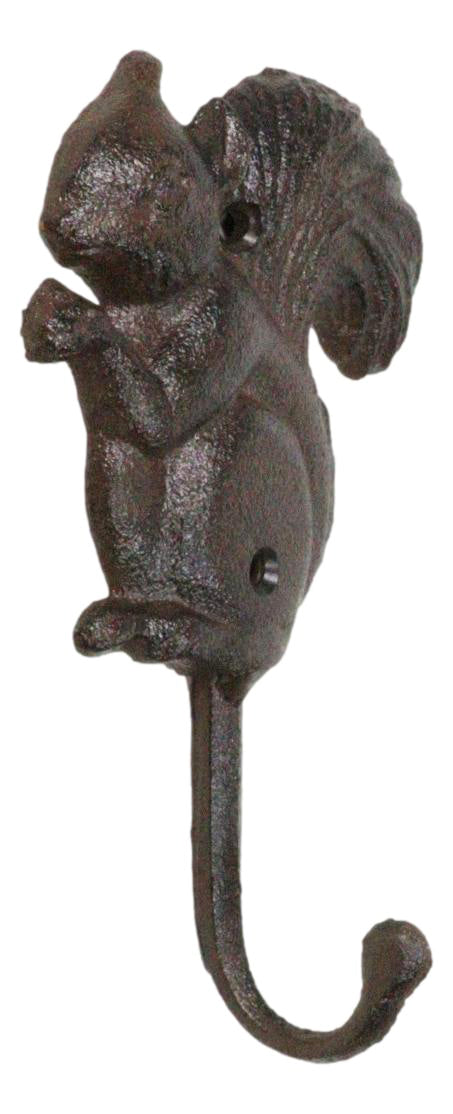 Pack Of 2 Cast Iron Rustic Whimsical Tree Squirrel Chipmunk with Acorn Wall Hook