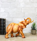 Lucky Elephant Figurine with Trunk Up Faux Wood Carved Look Home Décor 10" Long