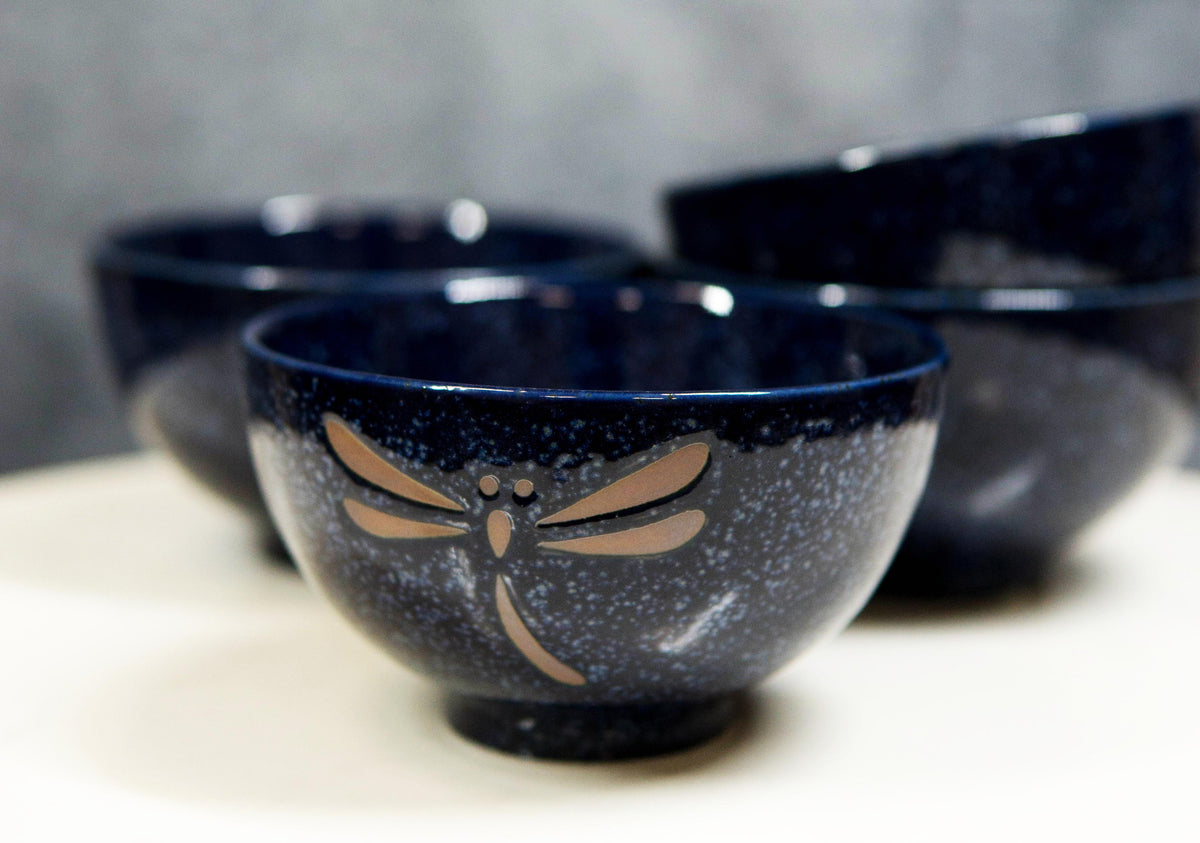 Made In Japan Auspicious Dragonfly Blue Rice Soup Dessert 8oz Bowls Set of 4