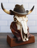 Western Cowboy Horned Cow Skull with Hat and Bandana Scarf Desktop Figurine