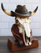 Western Cowboy Horned Cow Skull with Hat and Bandana Scarf Desktop Figurine