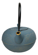 Round Teal Blue Seigaiha Waves Large Cast Iron Tetsubin Teapot 40oz Tea Pot