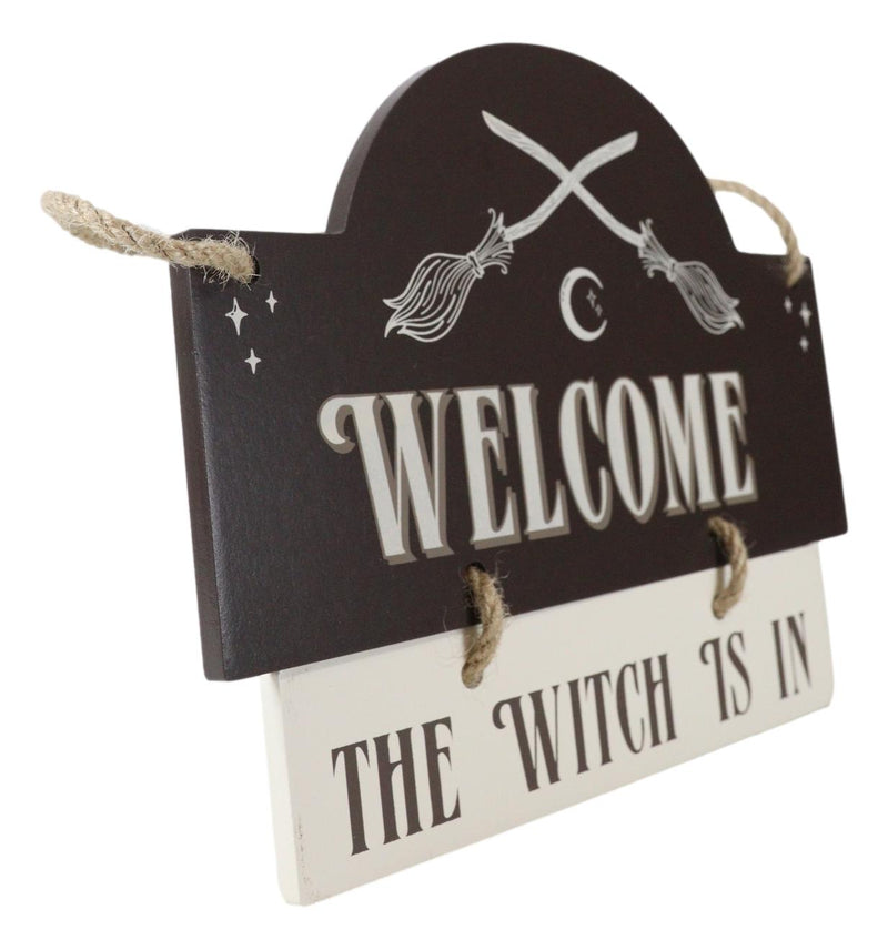 Witchcraft Welcome The Witch is in Crossed Broomsticks Wooden Wall Sign Decor