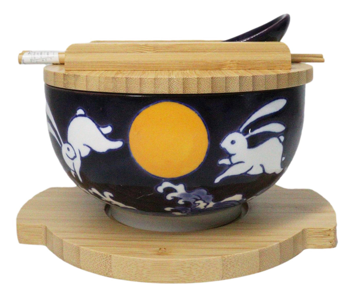 Yellow Moon White Rabbit Donburi Ramen Bowl With Lid Trivet Spoon Chopsticks Set