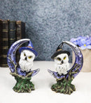 Pair of Snow Owls With Witch Hats Perching On Cratered Crescent Moon Figurines