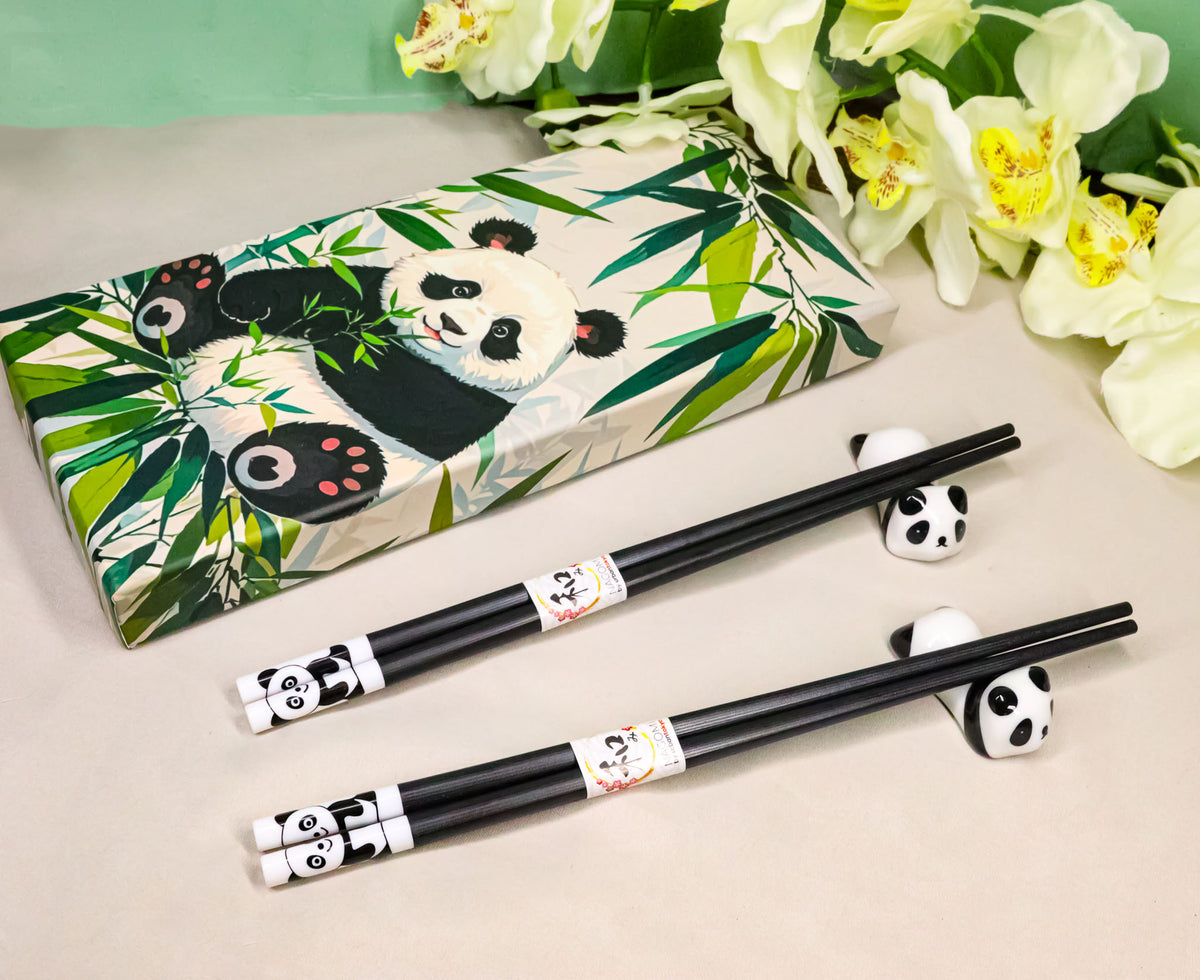 White And Black Giant Panda Bears Set of 2 Chopsticks And Ceramic Rests Set