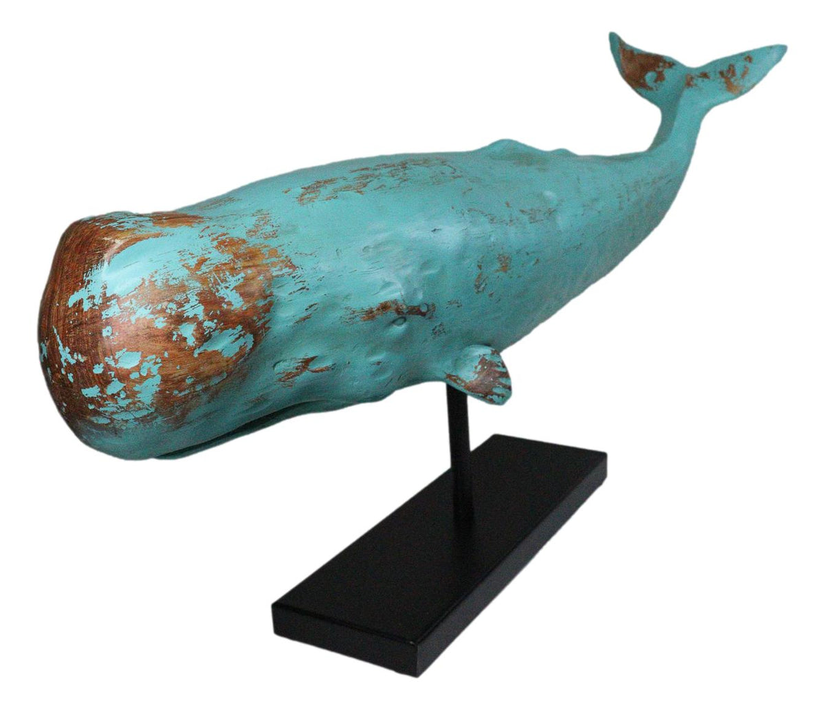 Abstract Art Blue Sperm Whale Fish Faux Distressed Wood Sculpture On Stand 30"L