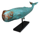 Abstract Art Blue Sperm Whale Fish Faux Distressed Wood Sculpture On Stand 30"L